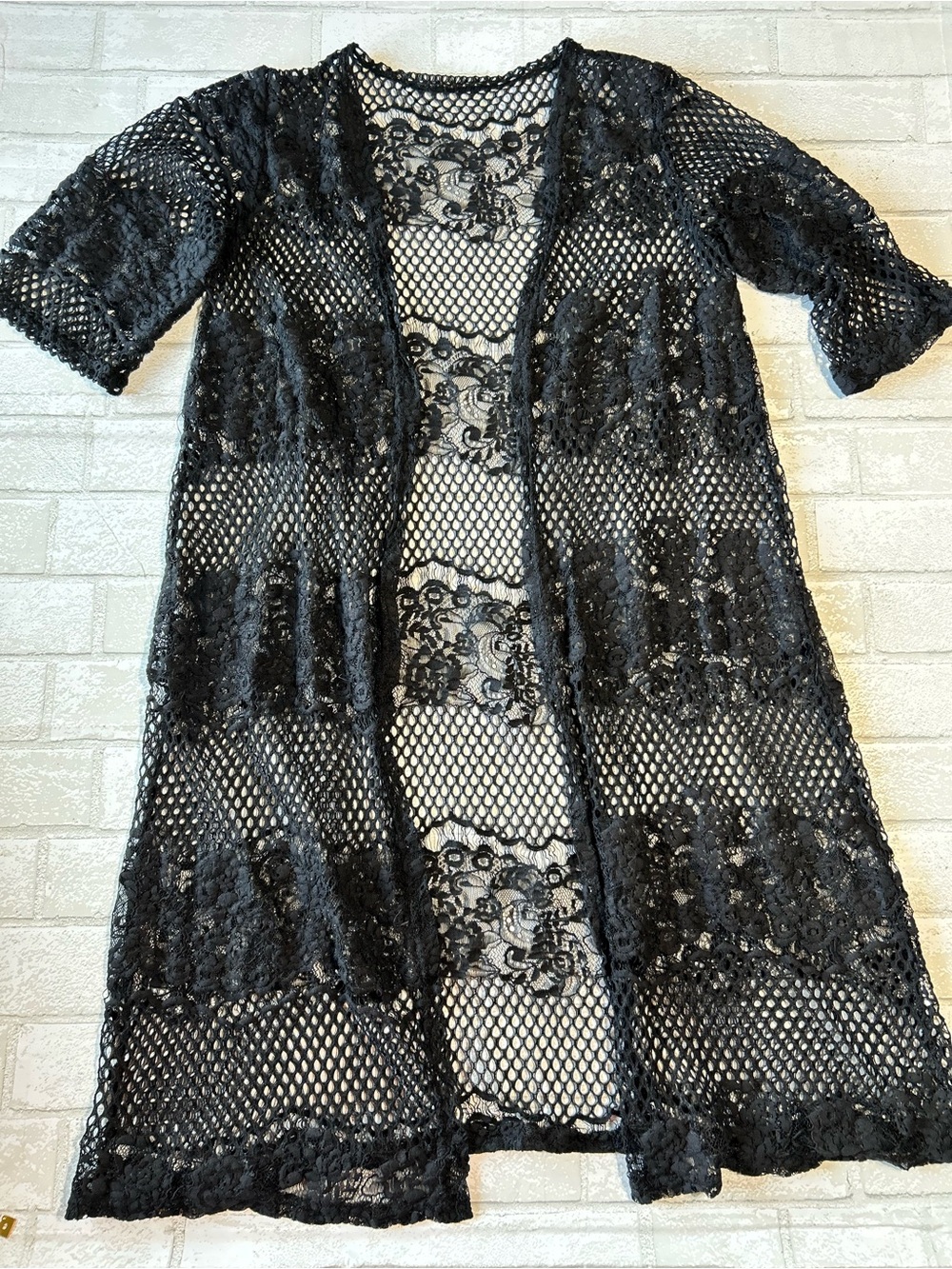 Black Sheer Lace Mesh Kimono Cardigan Beach Coverup Boho Festival